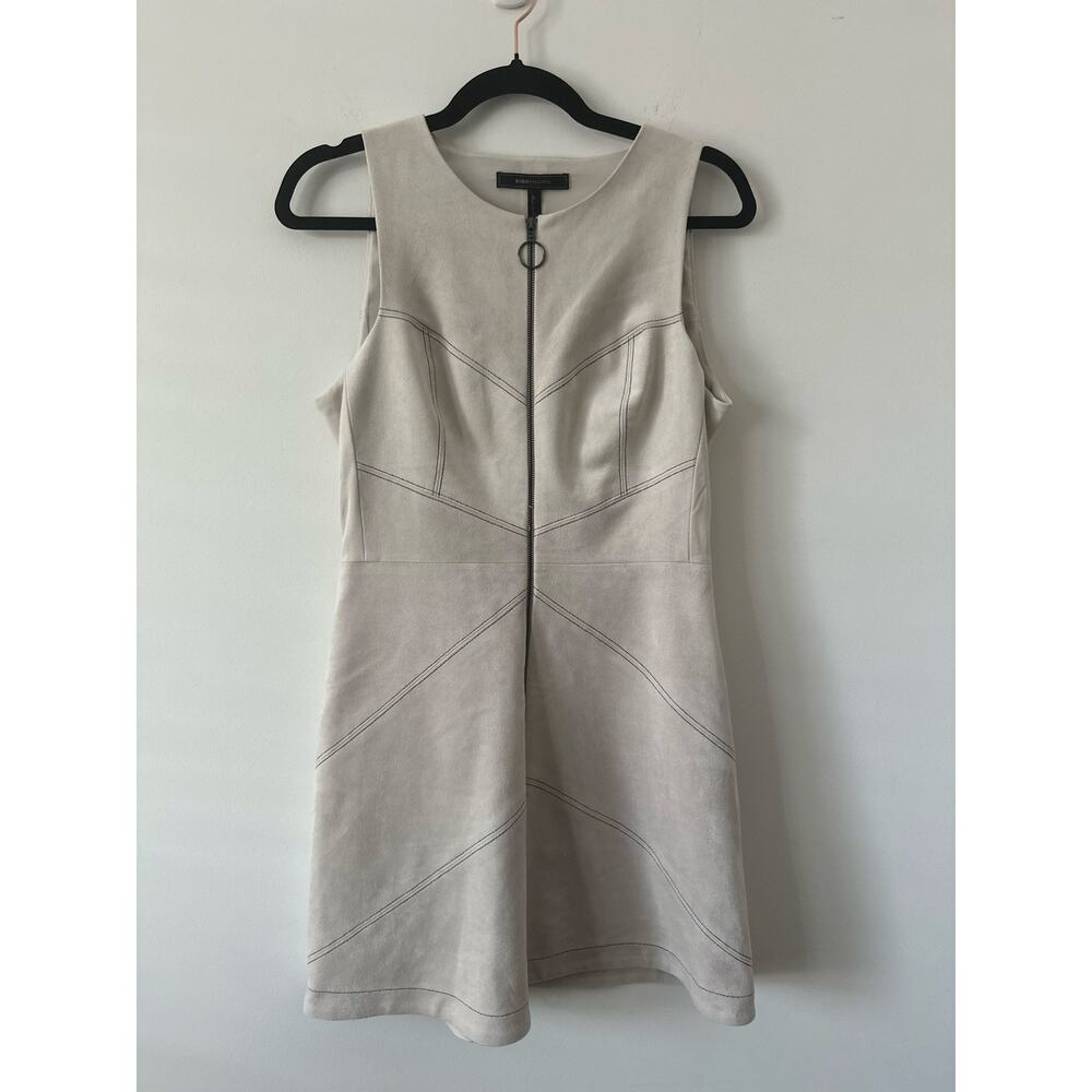 BCBG Max Azria Cream Suede Style Dress Size 6 Midi Quiet Luxury EUC